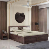 Moon Solid Sheesham Wood Box Storage Bed With Cushioned Headboard (King Size, Walnut Finish)